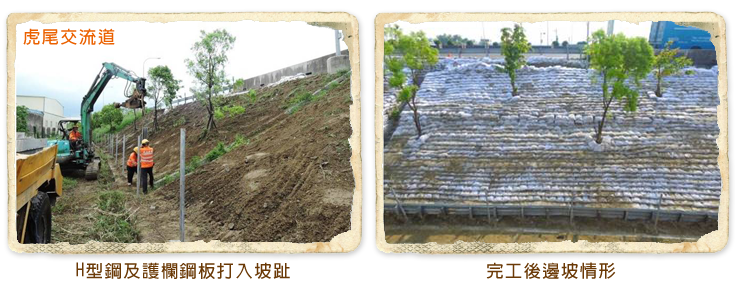 H型鋼及護欄鋼板打入坡趾、完工後邊坡情形