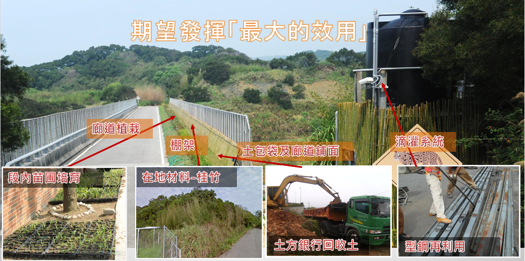 使用段內苗圃培育:廊道植栽:土方銀行回收土:型鋼再利用,期望發揮最大作用