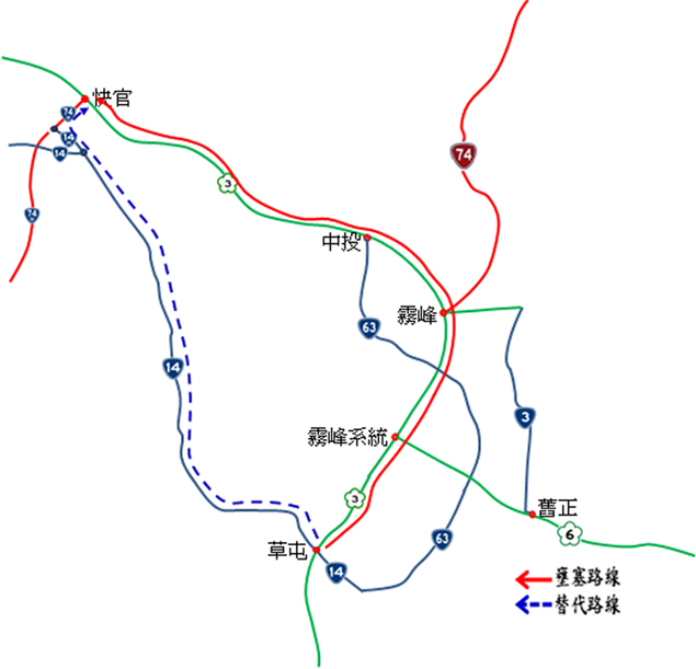 圖1:國道3號北上草屯至快官路段替代道路