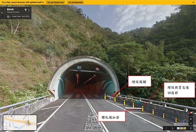 圖2 橋梁與隧道洞口銜接處設置護欄與軟質交通回復桿及槽化線加密示意圖