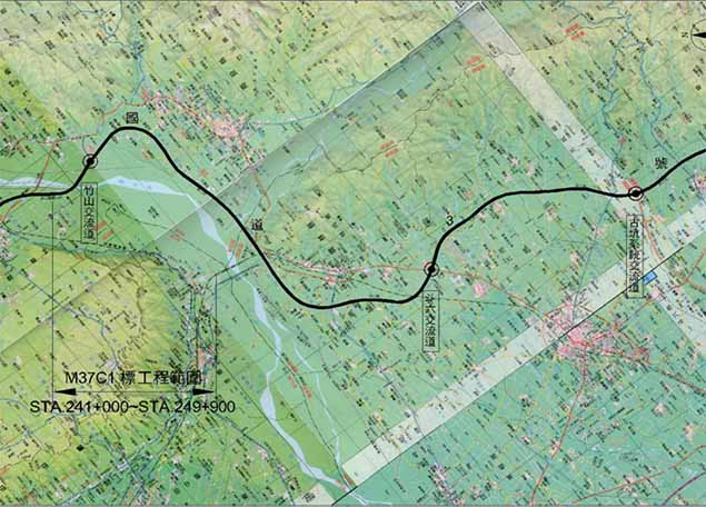 圖1 第M37C1標工區範圍國道3號「濁水溪河川橋」至「竹山排水橋」(國3里程241k+000~249k+900)