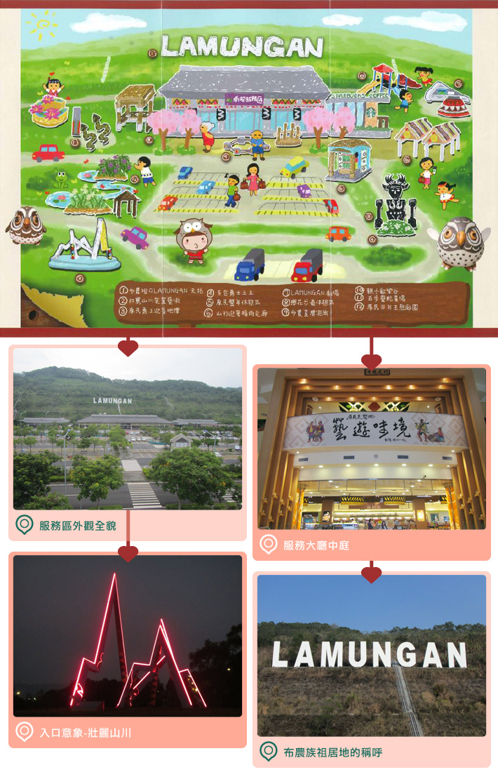 服務區簡介、服務區外觀全貌、服務大廳中庭、入口意象-壯麗山川、布農族祖居地的稱呼
