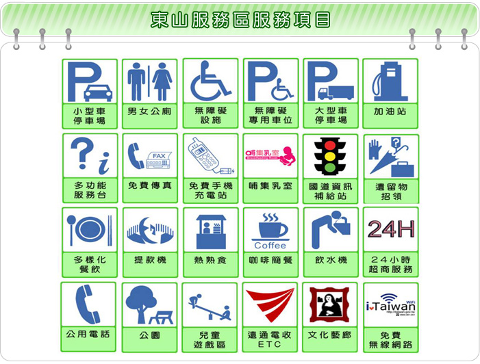 服務項目有服務台、傳真、免費手機充電站、哺集乳室、提款機、熱熟食、咖啡簡餐、飲水機、遠通電收ETC、兒童遊戲區、公園、公用電話、文化藝廊、免費無線網路等