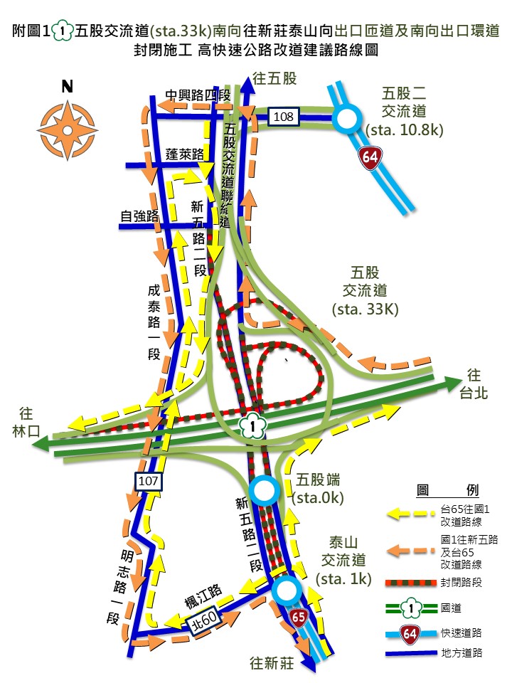 五股交流道南出往新莊、泰山方向請改由出口匝道靠左往五股方向,直行新五路至中興路四段左轉,改道循成泰路往南續行