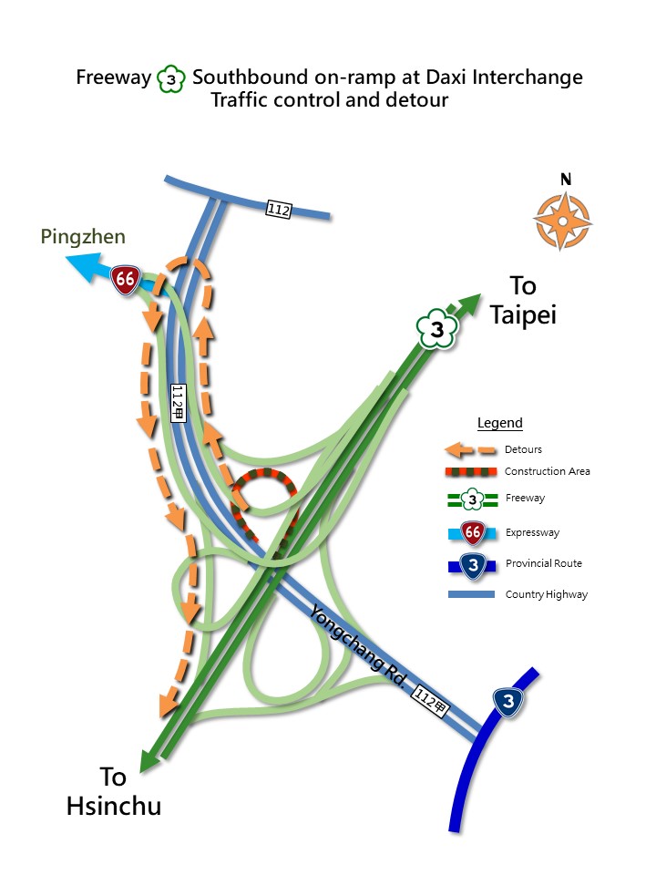 The westbound County Route 112甲 (Yongchang Rd.) to Freeway 3 Southbound on-ramp