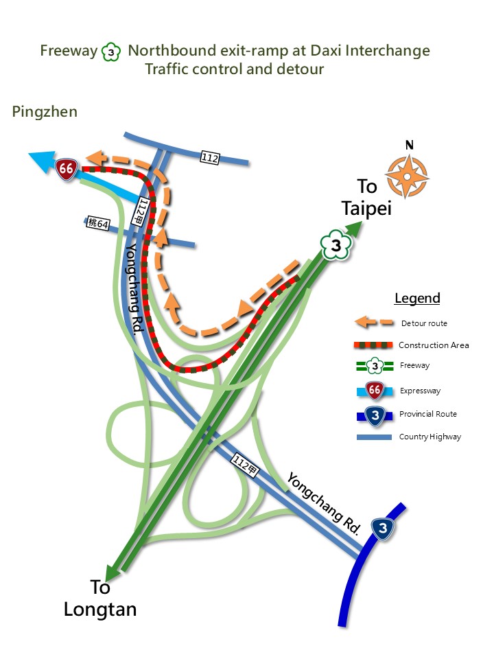 Southbound exit-ramp heading to Expressway 台66 at Daxi Interchange Freeway 3