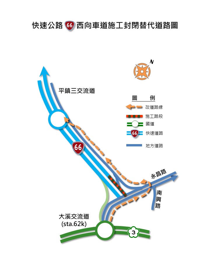 封閉台66線大溪端西行平面上橋段主線車道