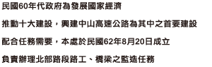 民國60年代政府為發展國家經濟推動十大建設，興建中山高速公路為其中之首要建設配合任務需要，本處於民國62年8月20日成立負責辦理北部路段路工、橋梁之監造任務